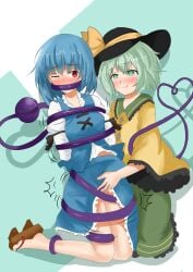 2girls ambiguous_penetration blue_hair bondage bound covered_penetration dress femdom green_hair heart-shaped_pupils implied_penetration implied_sex kogasa_tatara koishi_komeiji sex_under_clothes sex_under_dress shuibilu tentacle tentacle_under_dress tentacles_under_clothes touhou yuri