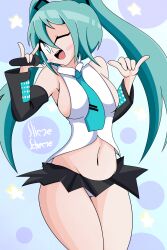 big_breasts blue_eyes blue_hair blush hatsune_miku panties sideboob skirt slime_scheme thick_thighs vocaloid