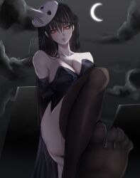 black_hair bleach feet feet_up foot_fetish foot_focus giant_female giantess half_moon hollow_(species) hueco_mundo large_breasts looking_down mask mask_on_head moon one_arm_around_breasts one_leg_raised one_leg_up original_character panties_up panties_visible pantyhose pantyhose_around_knees pantyhose_around_one_leg pantyhose_feet papayas peroxide red_eyes roblox roblox_game source_request tall_female toes toes_visible_through_clothing