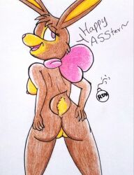 anthro ass cadbury_bunny easter looking_back mascot open_mouth pussy rabbit reddragonkan traditional_media_(artwork)