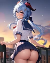 ai_generated ass_to_viewer big_ass big_booty big_breasts big_butt blue_hair from_behind ganyu_(genshin_impact) genshin_impact horns huge_ass huge_butt round_ass school_girl school_uniform schoolgirl smile