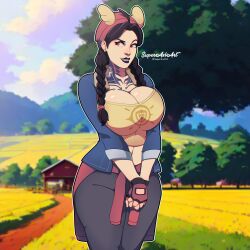 1female 1girls big_breasts black_hair black_lipstick blue_jacket braided_twintails breasts brown_eyes busty cleavage clothed clothed_female cosplay curvy ear_piercing ear_ring female fortnite full_body_tattoo fully_clothed gloves hat headgear jules_(fortnite) legs light-skinned_female light_skin long_hair nose_piercing nose_ring piercings pink_goggles pose skye_(fortnite) slim smile solo superaxlart tattoo tattooed tight_crop_top tight_pants