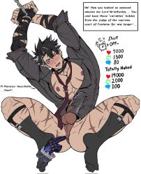 abs anus asshole big_balls big_pecs big_penis black_hair black_socks blush bulge buttons english_text fingers genshin_impact genzonillablack gloves handcuffed male male_only muscular muscular_male neuvillette_(genshin_impact) penis_under_clothes penis_under_shirt restrained scars scars_all_over shirt_open socks strip_game text thick_thighs tie tied_up veiny_penis wriothesley_(genshin_impact)