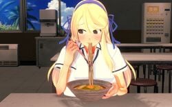 3d avoiding_eye_contact blonde_hair blush bowl chopsticks eating embarrassed female food hair_ribbon huge_breasts katsuragi_(senran_kagura) koikatsu long_hair noodles pov ramen resturant safe senran_kagura sfw