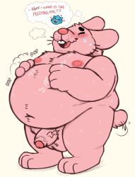 1boy anthro balls belly big_belly blush blush_lines bodily_fluids breath_cloud campfire_donut cartoon_network closed_eyes ears_down english_text erect_nipples erection fat fat_man father_(lore) fur genitals hand_on_stomach hi_res lagomorph leporid male male_only mammal navel nipples nude obese obese_male open_mouth overweight overweight_male parent_(lore) patting patting_belly penis pink_body pink_fur pivoted_ears rabbit richard_watterson simple_background solo sweat tail tail_wiggle text the_amazing_world_of_gumball thick_thighs tongue wide_hips