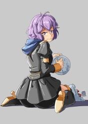 1girls accident ass automatic_giraffe bernadetta_von_varley big_ass bike_shorts black_coat black_footwear black_shorts black_skirt boots clumsy coat dated female female female_only fire_emblem fire_emblem:_three_houses food garreg_mach_monastery_uniform gold_trim grey_background highres holding holding_plate hood hoodie long_sleeves looking_back nintendo plate purple_eyes purple_hair seiza short_hair shorts simple_background sitting skirt solo tearing_up thigh_boots tripping wavy_mouth