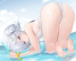 1girls alternate_costume azur_lane back_view barefoot beauty_mark blue_eyes blush byx_(artist) clouds eyebrows_visible_through_hair feet female female_only food grey_hair hairpin iron_blood_(azur_lane) jade_(a_lick_of_summer)_(azur_lane) jade_(azur_lane) light-skinned_female light_skin looking_at_viewer looking_back nipple_bulge official_alternate_costume outside popsicle sky solo swimsuit water wet wet_skin