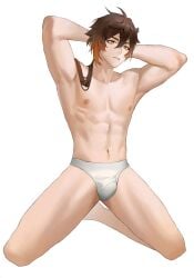 1boy armpits arms_up brown_eyes brown_hair genshin_impact hair_between_eyes highres huahua123569 long_hair male male_focus male_only male_underwear multicolored_hair muscular muscular_male navel nipples solo topless_male underwear white_male_underwear zhongli_(genshin_impact)