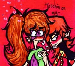 2girls blush braces breast_grab breasts brown_hair fanboy_(character) fanboy_and_chum_chum female genderswap_(mtf) heart kyle_bloodworth_thomason mask nickelodeon red_hair rule_63 superhero_costume teeth yuri