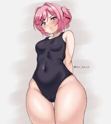 1girls artist_name bangs black_clothing black_one-piece_swimsuit black_swimsuit blush breasts cameltoe clothed clothing cowboy_shot doki_doki_literature_club female female_solo grey_background hair_intakes hair_ribbon hair_ribbons kun_kaiss light-skinned_female light_skin looking_at_viewer matching_hair/eyes natsuki_(doki_doki_literature_club) navel one-piece_swimsuit pink_eyes pink_hair portrait short_hair simple_background small_breasts solo solo_female sweat swept_bangs swimsuit swimwear thick_thighs thighs three-quarter_portrait tied_hair twintails wide_hips