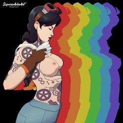 1female 1girls areolae areolae_piercing big_breasts black_hair black_lipstick breasts brown_eyes busty cleavage clothed clothed_female curvy ear_piercing female fortnite full_body_tattoo gloves headgear jules_(fortnite) leather_gloves light-skinned_female light_skin long_hair looking_down nipple_piercing nipple_piercings nipples nose_piercing nose_ring piercings pink_goggles pulling_up_shirt revealing revealing_breasts solo superaxlart tattoo tattooed white_crop_top white_top