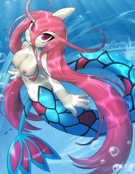 anthro breasts eyelashes female hair looking_at_viewer milotic open_mouth pink_eyes pokemon pokemon_(species) rilex_lenov underwater