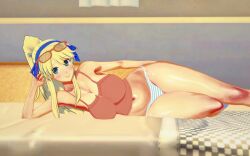 3d katsuragi_(senran_kagura) koikatsu on_bed panties ponytail posing_for_the_viewer senran_kagura tied_hair waiting