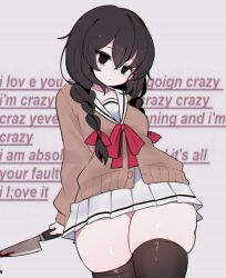 black_eyes black_hair blood bowtie braided_twintails clarevoir cowboy_shot expressionless eyebags gigantic_thighs knife miniskirt serafuku skindentation skirt small_breasts sweater_vest text thick_thighs thighhighs thighs wide_hips yandere yumerinikki