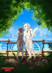 anthro big_penis bisexual brother_(lore) brothers_(lore) chiaro chiaro_(character) duo felid female genitals girly hi_res highlights_(coloring) huge_cock lion love male male/male mammal muscular pantherine penis scuro scuro_(character) seaside sibling_(lore) terragon twins_(lore)