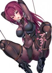 armor arms_behind_head black_footwear bodysuit bondage breasts commentary covered_navel fate/grand_order fate_(series) female hair_between_eyes hair_intakes half-closed_eyes high_heels large_breasts long_hair object_insertion open_mouth panties pauldrons purple_bodysuit purple_hair red_eyes ryou_(ryoutarou) scathach_(fate) sex_toy shoulder_armor solo suspension underwear vaginal_object_insertion vaginal_penetration vibrator vibrator_under_clothes vibrator_under_panties white_background