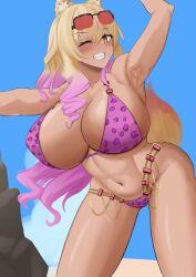 1girls armpits big_breasts bikini blonde_hair blush breasts_bigger_than_head cleavage fate/grand_order fate_(series) female female_focus fit fit_female fox_ears fox_girl fox_humanoid fox_tail glasses glasses_on_head gyaru huge_breasts large_breasts long_hair pink_bikini pink_hair sigusigus55 suzuka_gozen_(fate) suzuka_gozen_(swimsuit_rider)_(fate) swimsuit tan-skinned_female tan_body tan_skin two-tone_hair yellow_eyes