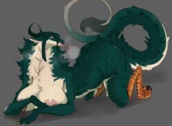 ambiguous_fluids anthro areola big_areola big_breasts bodily_fluids breasts cassian_(fluffythunderbird) claws dragon eastern_dragon fluffy fur furred_dragon green_body green_fur horn huge_breasts hybrid jewelry lvlirror male nipple_piercing nipples piercing saliva scales solo tongue