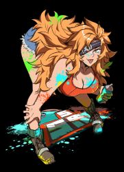 1girls ahichiru asher_(omega_strikers) bandage_on_nose bent_over big_ass big_breasts black_background blue_eyes booty_shorts clothed eyepatch female female_only huge_breasts looking_at_viewer messy omega_strikers one_eye_covered orange_hair solo solo_female spray_can spray_paint tongue_out