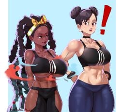 2girls aestheticc-meme alternate_breast_size breast_awe breast_envy breast_expansion breasts capcom chun-li dark-skinned_female dark_skin female female_only hi_res hip_vent hips huge_breasts human kimberly_jackson large_breasts light-skinned_female light_skin medium_support_(meme) midriff multiple_girls ninja quad_braids sports_bra sportswear street_fighter street_fighter_6 thick_thighs thighs transformation uncensored very_dark_skin wide_hips