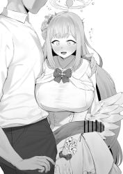 1boy angel_wings arm_around_shoulder bar_censor blue_archive blush breasts capelet censored dress female greyscale halo highres hotate-chan large_breasts large_penis long_hair mika_(blue_archive) monochrome open_mouth pants penis penis_awe sensei_(blue_archive) shirt short_hair simple_background tea_party_(blue_archive) trinity_general_school_student white_background wings