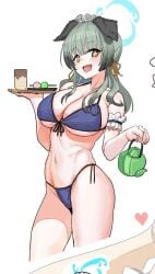 :d allied_hyakkiyako_academy_student bikini blue_archive festival_operations_department_(blue_archive) huge_breasts serving serving_drink serving_food serving_tray skindentation sparkling_eyes sweets teacup teapot umika_(blue_archive) urrrt