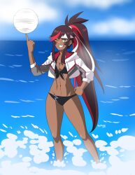 1girls abs beach bikini black_bikini brown_hair cropped_jacket dark-skinned_female female jacket jacket_open juliette_(omega_strikers) looking_at_viewer naijmizuho navel omega_strikers ponytail red_hair smile standing_in_water toned_female two_tone_hair volleyball white_jacket winking_at_viewer