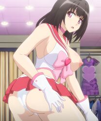 1girls areola ass big_ass big_breasts big_butt black_hair blush breasts conscious cosplay cosplay_change:_pure-kei_joshidaisei_no_kiken_na_seiheki costume eyebrows female female_only from_behind gloves heart huge_ass huge_breasts huge_butt legs legs_together looking_back nipple one_breast_out panties purple_eyes revealing_clothes ribbon screencap shop short_skirt skirt thick_ass thick_thighs thighs underwear viewed_from_behind white_panties white_skin