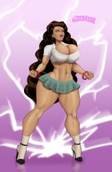 1girls annon dc dc_comics female female_only fully_clothed high_heels huge_ass huge_breasts lips mary_batson mary_marvel microskirt midriff miniskirt muscular_female navel pleated_skirt revealing_clothes shazam!_fury_of_the_gods shazam_(series) solo stiletto_heels thick_thighs toned very_high_heels wide_hips