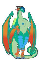 absurd_res anthro big_breasts bludraconoid blue_body blue_nipples blue_scales blue_spots breasts dragon female frill frill_(anatomy) genitals glory_(wof) green_body green_eyes green_scales hi_res huge_breasts human_breasts human_nipples humanoid_pussy nipples nude nude_female orange_feet orange_scales prehensile_tail pussy queen rainwing_(wof) red_scales red_spikes royalty scales solo tail tasteful_nudity wings_of_fire yellow-green_scales yellow_scales yellow_spots yellow_stripes