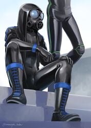 2boys 2d athletic athletic_male black_bodysuit black_gloves blue_accents boots bulge bulge_through_clothing choker color fully_clothed gas_mask gay green_accents jacket knee_boots laced_boots latex latex_armwear latex_bodysuit latex_clothing latex_gloves latex_legwear latex_suit leather_boots male male_only mask masked masked_only original original_characters rubber rubber_clothing rubber_gloves rubber_suit sitting skinny stairs staring tachibana_momoya yaoi