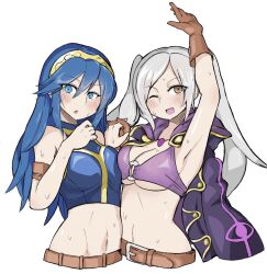 2girls arm_up armband armpits asymmetrical_docking belt bikini bikini_top blue_bikini blue_eyes blue_hair blue_swimsuit blush bra breast_press breasts brown_belt brown_gloves cape cleavage commentary_request crop_top cropped_torso embarrassed female female_only fire_emblem fire_emblem_awakening fire_emblem_cipher fire_emblem_heroes gloves holding_hands interlocked_fingers jacket jacket_on_shoulders large_breasts long_hair looking_at_viewer lucina_(fire_emblem) lucina_(summer)_(fire_emblem) medium_breasts multiple_girls navel o-ring o-ring_bikini official_alternate_costume one_eye_closed open_mouth purple_bikini purple_eyes purple_swimsuit robin_(fire_emblem) robin_(fire_emblem)_(female) sleeveless smile sweat swimsuit tiara twintails underboob white-stew white_background white_hair