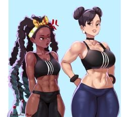 2girls aestheticc-meme breast_envy breasts capcom chun-li dark-skinned_female dark_skin female female_only fully_clothed hi_res hip_vent hips human kimberly_jackson large_breasts light-skinned_female light_skin medium_breasts medium_support_(meme) midriff multiple_girls quad_braids sports_bra sportswear street_fighter street_fighter_6 thick_thighs thighs very_dark_skin wide_hips