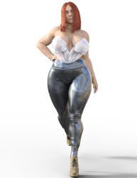 1girls 3d avengers black_widow_(marvel) blue_eyes cleavage clothing female female_only fully_clothed heels high_heels human latex marvel marvel_comics natasha_romanoff red_hair see-through solo walking