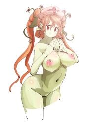 1girls belly belly_button blank_background breasts female female_only flowers_in_hair green_skin hands_on_breasts hina_uzura hips lactation looking_at_viewer nipples nude nurse_hat orange_hair