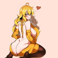 2d ass big_breasts big_butt blonde_hair boobs breasts female hyperrxgue looking_at_viewer on_knees purple_eyes rwby sideboob smiling_at_viewer smirking_at_viewer tit virgin_killer_sweater yang_xiao_long