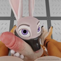 3d_(artwork) absurd_res anthro blender_(software) comorito digital_media_(artwork) disney duo felid fellatio female hi_res judy_hopps lagomorph leporid looking_at_viewer male male/female mammal mask oral pantherine penile rabbit rubber sex tiger zootopia