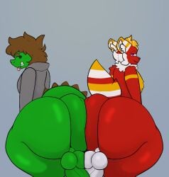 2boys agamid anthro ass ass_to_ass balls bearded_dragon big_ass big_butt bleek bottomless brown_hair bubble_butt canid canine clothed clothing duo femboy fox fur genitals green_body hair hoodie hoodie_only huge_ass large_ass lizard male male_focus male_only mammal mike_(hammersaurs) penis presenting presenting_hindquarters purple_eyes red_body red_fur reptile scalie tail thick_thighs tongue tongue_out topwear topwear_only varknakfrery white_body white_fur wide_hips yellow_body yellow_fur