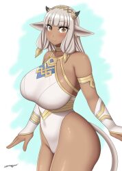 1girls animal_ears ash_(fire_emblem) bare_thighs breasts brown_eyes cow_girl dark-skinned_female dark_skin female female_only fire_emblem fire_emblem_heroes grey_hair horns large_breasts looking_at_viewer nintendo solo somegu thick_thighs thighs