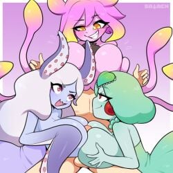 3girls boobjob double_paizuri femdom marina_(omori) medusa_(omori) molly_(omori) multiple_girls omori paizuri sataenart slime slime_girl slime_girls_(omori) smothering tagme tentacle