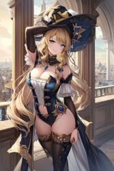 ai_generated bare_shoulders beautiful_background big_breasts black_dress blonde_female blonde_hair blue_eyes clothing dress genshin_impact hi_res high_resolution highres jewelry long_hair navia_(genshin_impact) pretty_lady thick_thighs tummy