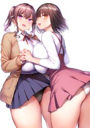 2girls ass beauty_mark bowtie_on_head brown_hair cowboy_shot dress gigantic_breasts gigantic_thighs hair_down holding_hands huge_ass huge_thighs ichinomiya_yuu medium_hair nail_polish panties pink_nails pressing_breasts_together purple_eyes school_uniform short_hair squeezing_breast thick_thighs twintails upskirt wide_hips yellow_eyes