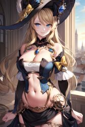 ai_generated bare_shoulders beautiful_background big_breasts black_dress blonde_female blonde_hair blue_eyes clothing dress genshin_impact hi_res high_resolution highres jewelry long_hair navia_(genshin_impact) pretty_lady thick_thighs