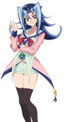 blue_hair clothing curvy dntks female kamishiro_rio legwear long_hair looking_at_viewer red_eyes rio_kamishiro school_uniform smile solo thighhighs thighs white_background yu-gi-oh! yu-gi-oh!_zexal