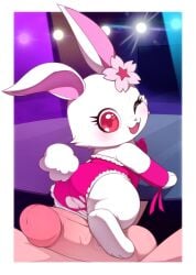 2023 anthro anus balls better_version_at_source clothed clothing duo female fur genitals hi_res human jewelpet jewelpet_(species) kekitopu lagomorph larger_human larger_male leporid male male/female mammal penis pussy rabbit red_eyes ruby_(jewelpet) sanrio size_difference smaller_anthro smaller_female white_body white_fur