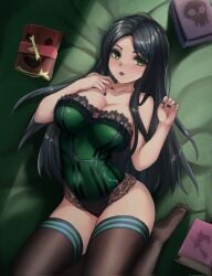 big_breasts black_hair dark_hair green_eyes long_hair lying_on_bed red_lipstick snakeysmut sukmayukimura voice_actor