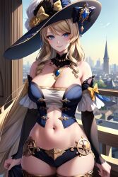 ai_generated bare_shoulders beautiful_background big_breasts black_dress blonde_female blonde_hair blue_eyes clothing dress genshin_impact hi_res high_resolution highres jewelry long_hair navia_(genshin_impact) pretty_lady thick_thighs