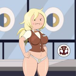 8ball9615 :i adventure_time annoyed big_breasts blonde blonde_hair blush bowtie canonical_scene covered_breasts dot_eyes embarrassed exposed_panties fionna_and_cake fionna_campbell fionna_the_human_girl no_pants panties redraw tagme thick_thighs uniform vest voluptuous white_panties wide_hips