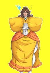 aomokoka big_ass big_breasts breasts_bigger_than_head breasts_bigger_than_torso brown_hair clothed female female_only huge_ass hyper_ass hyper_breasts mario_(series) nintendo nipples_visible_through_clothing no_bra princess_daisy yellow_background yellow_theme