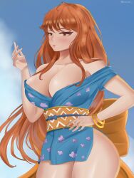 1girls ass big_breasts breasts brown_eyes cleavage cloud eyelashes eyes female female_only huge_breasts jewelry lips lipstick nami nami_(one_piece) onami one_piece orange_hair post-timeskip sonzoe_ wano_country